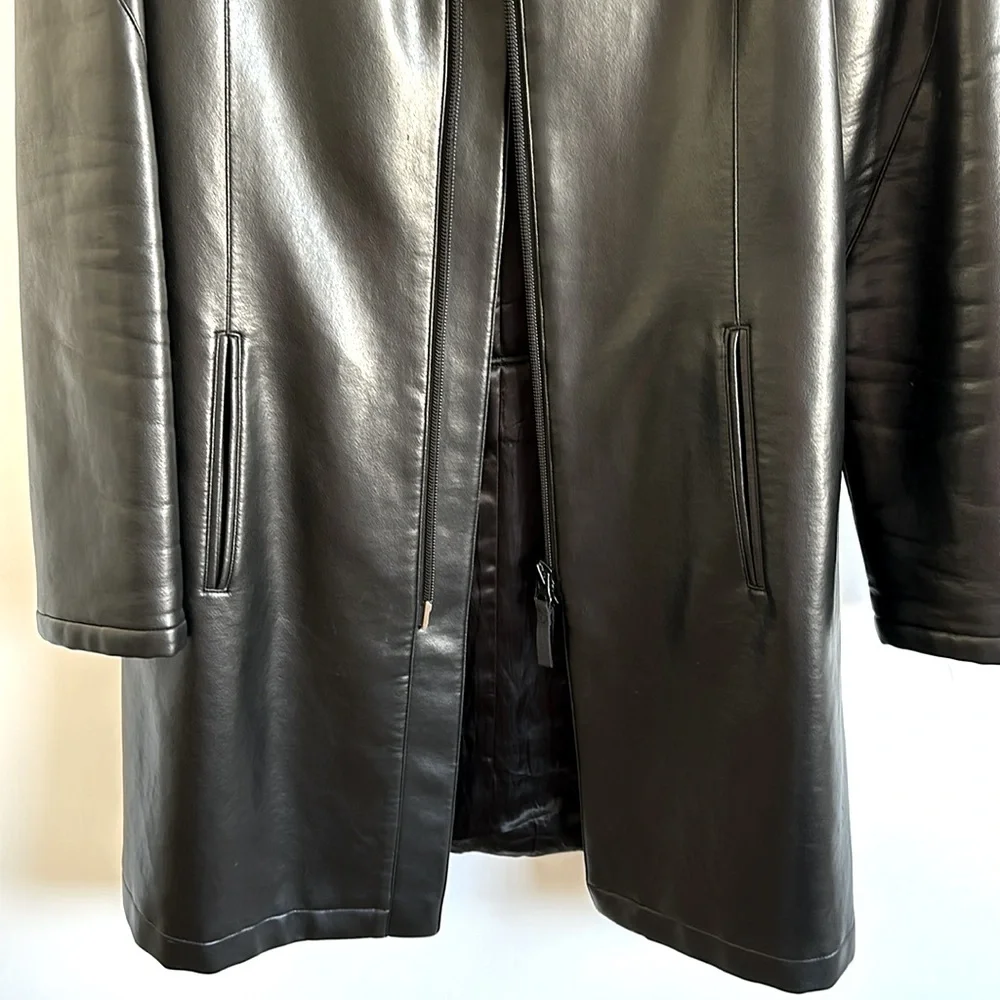 Emporio Armani Black Faux Leather Coat Zipper Front Size 52 Italian - Picture 4 of 14